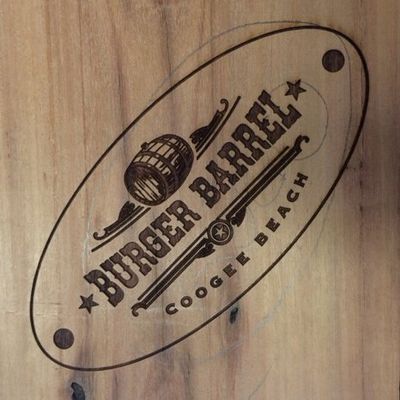 burger barrel logo engraved in wood